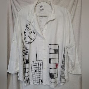 M SQUARE White Woven Mandarin Swing Clock Shirt Lagenlook One Size
